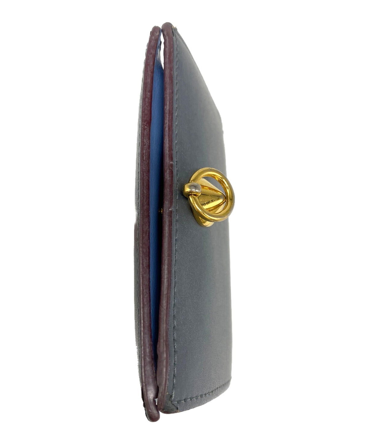 FENDI Bifold Wallet 8M0307 Blue Leather Gold Hardware O-Ring Coin Pouch Used