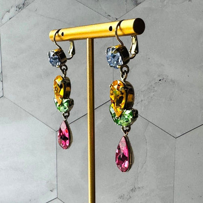 Philippe Ferrandis Multicolor Crystal Drop Earrings Gold Tone France 4.1in Used