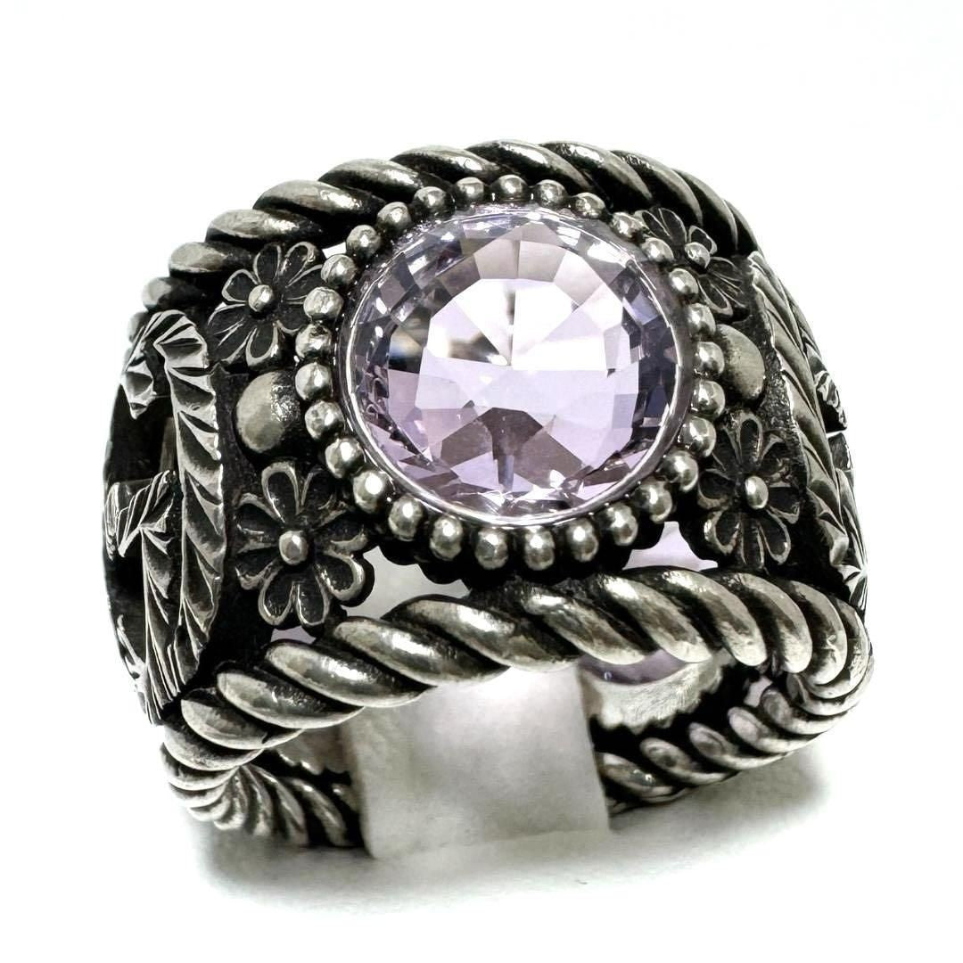 GUCCI Silver 925 Interlocking G Flower Light Purple Crystal Stone Ring US 6.25