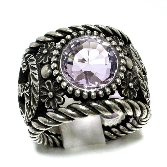 GUCCI Silver 925 Interlocking G Flower Light Purple Crystal Stone Ring US 6.25
