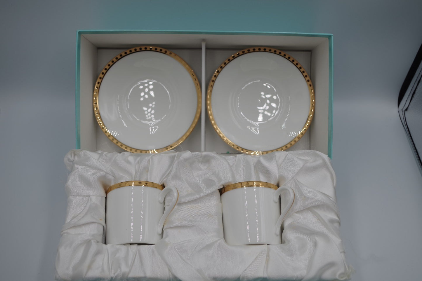 Tiffany & Co Gold Band Demitasse Cups Saucers Pair Made in Japan White Gold Set