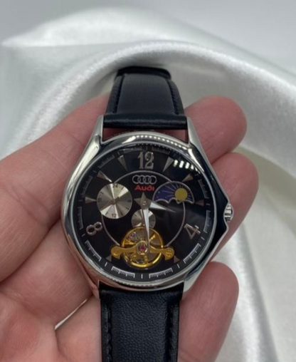 Rare Excellent Audi Sun and Moon Automatic Silver Case Watch Skeleton Unused