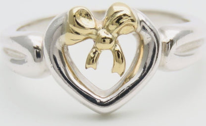 Tiffany & Co Heart Ribbon Ring Silver 925 18K Yellow Gold Combo Size US6 EU52