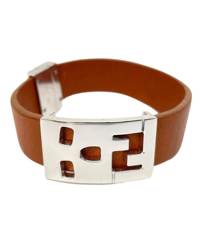 FENDI FF Zucca Logo Buckle Leather Bracelet Brown Silver 925 Cuff Bangle Unisex