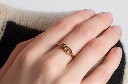 Christian Dior Lucky Charm Ring Heart Logo Antique Gold Tone Size M 52.5 US 6.25