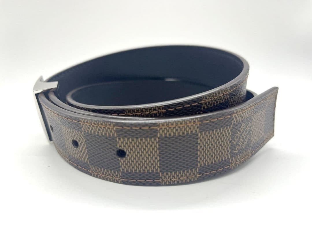 LOUIS VUITTON Damier Ceinture Brown Leather 5 Holes Belt Women Size 80 32