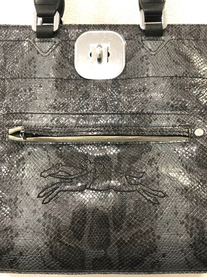 Longchamp Turn Lock Handbag Tote Exotic Leather Gray Silver HW Auth 11x15.7"