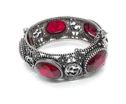 Gucci Sterling Silver 925 Interlocking GG Logo Red Gemstone Cat Head Bracelet