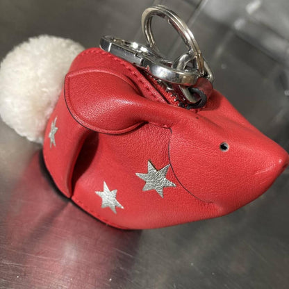 LOEWE Red Leather Rabbit Bunny Star Charm Key Ring Holder Coin Case Authentic