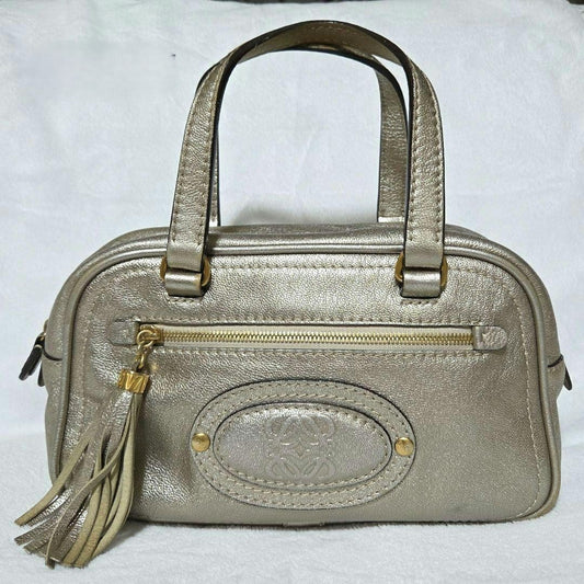 Auth LOEWE Madrid Anagram Tassel Leather Mini Boston Bag Champagne Gold Vintage