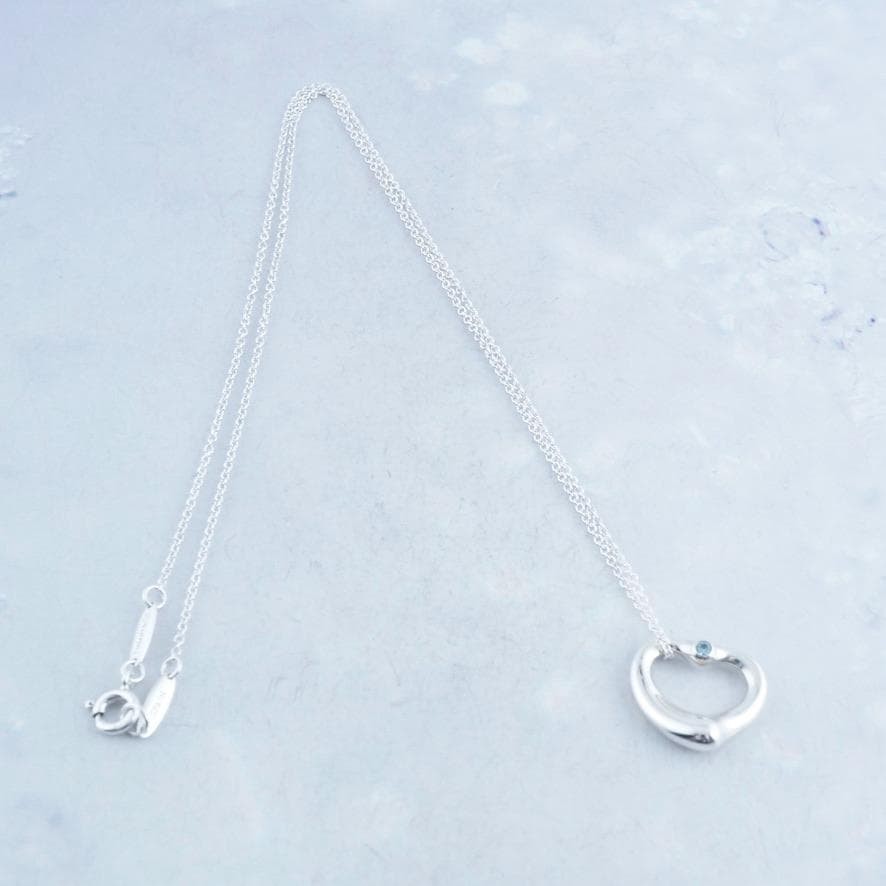 Excellent Tiffany & Co Aquamarine Silver 925 Open Heart Necklace Elsa Peretti