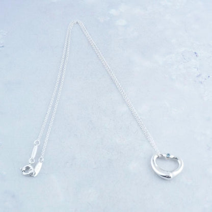 Excellent Tiffany & Co Aquamarine Silver 925 Open Heart Necklace Elsa Peretti