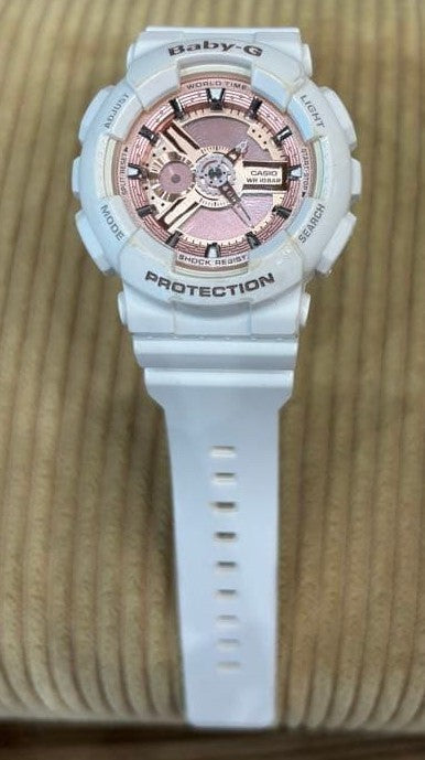 CASIO Baby-G BA-110 Quartz Watch White Resin Rose Gold Dial Case Shock Resist