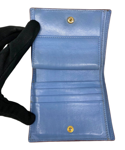 FENDI Bifold Wallet 8M0307 Blue Leather Gold Hardware O-Ring Coin Pouch Used