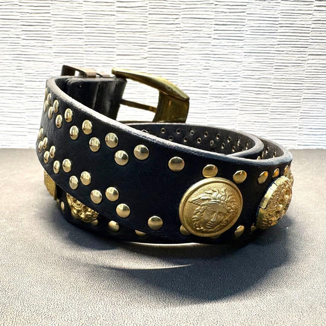Versace Medusa Studded Black Leather Gold Hardware Belt Men L 80cm Vintage