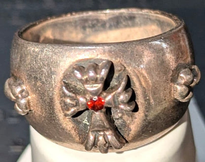 A&G Rare Silver Ring Red Ruby Stone Floral Eagle Motif Wide Band Vintage US9