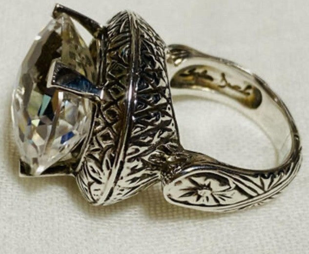 Stephen Dweck Sterling Silver 925 Ring Clear Natural Stone Filigree Size US5.5-6