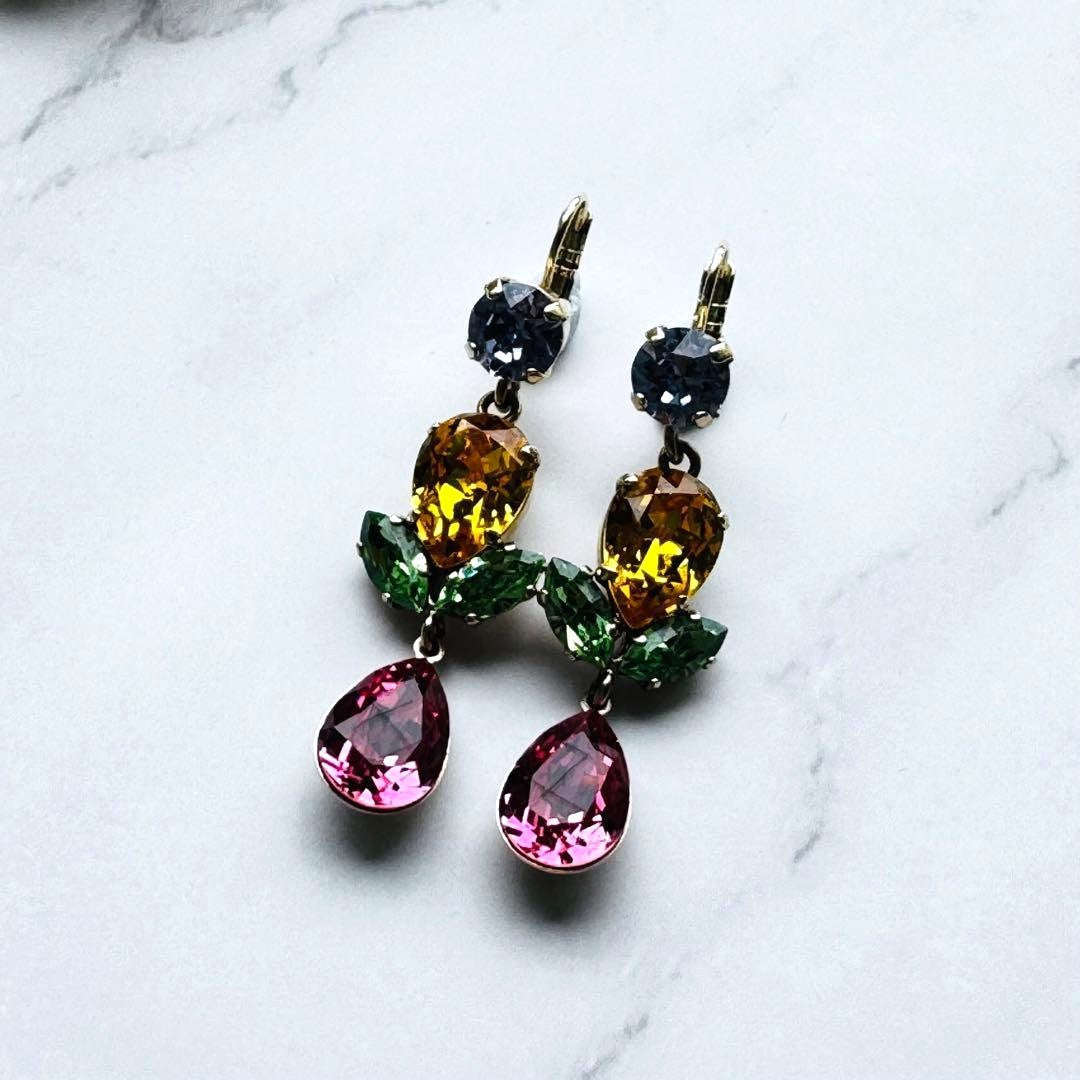 Philippe Ferrandis Multicolor Crystal Drop Earrings Gold Tone France 4.1in Used