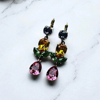Philippe Ferrandis Multicolor Crystal Drop Earrings Gold Tone France 4.1in Used