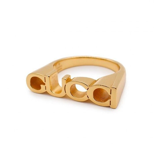 Gucci Gold Tone Metal Logo Ring Size M 57 US 8 Excellent Condition Unused