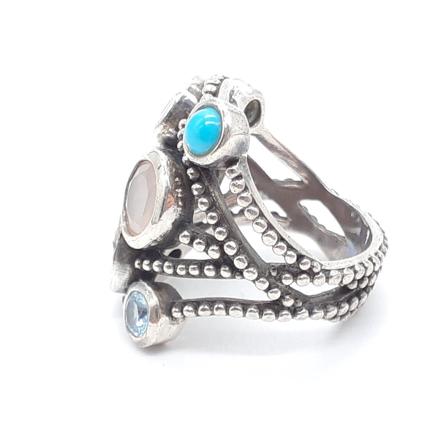 Stephen Dweck Sterling Silver Rose Quartz Turquoise Ring Size US 6.5 Used Women