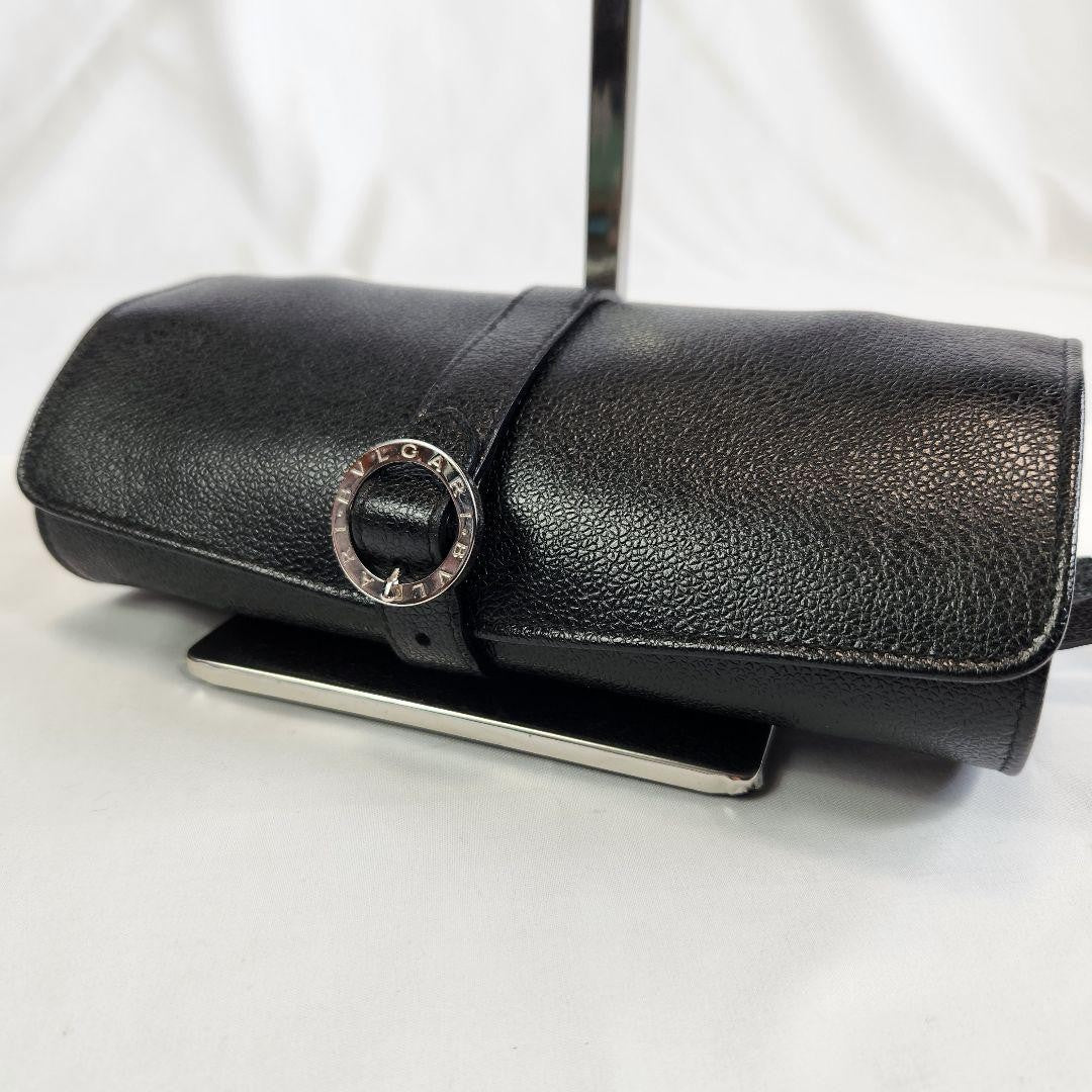Excellent Rare Bvlgari Black Leather Accessories Jewelry Case Travel Portable