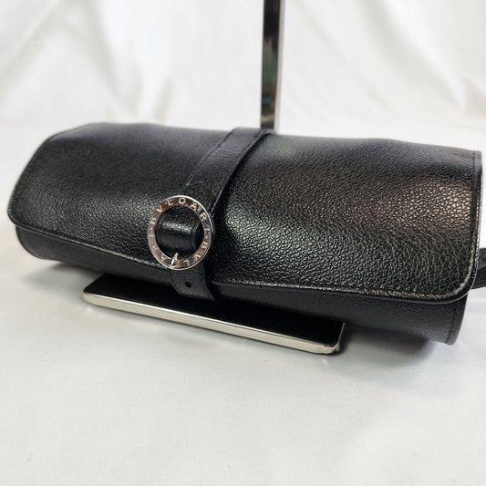 Excellent Rare Bvlgari Black Leather Accessories Jewelry Case Travel Portable