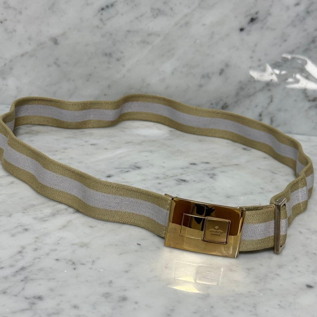 Gucci Gold Tone Buckle Elastic Belt Shelly Line Beige 90 cm 35.4" W 2.9 cm 1.1"