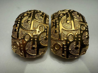 Vintage Christian Dior Trotter Clip On Gold Tone Earrings iconic monogram design