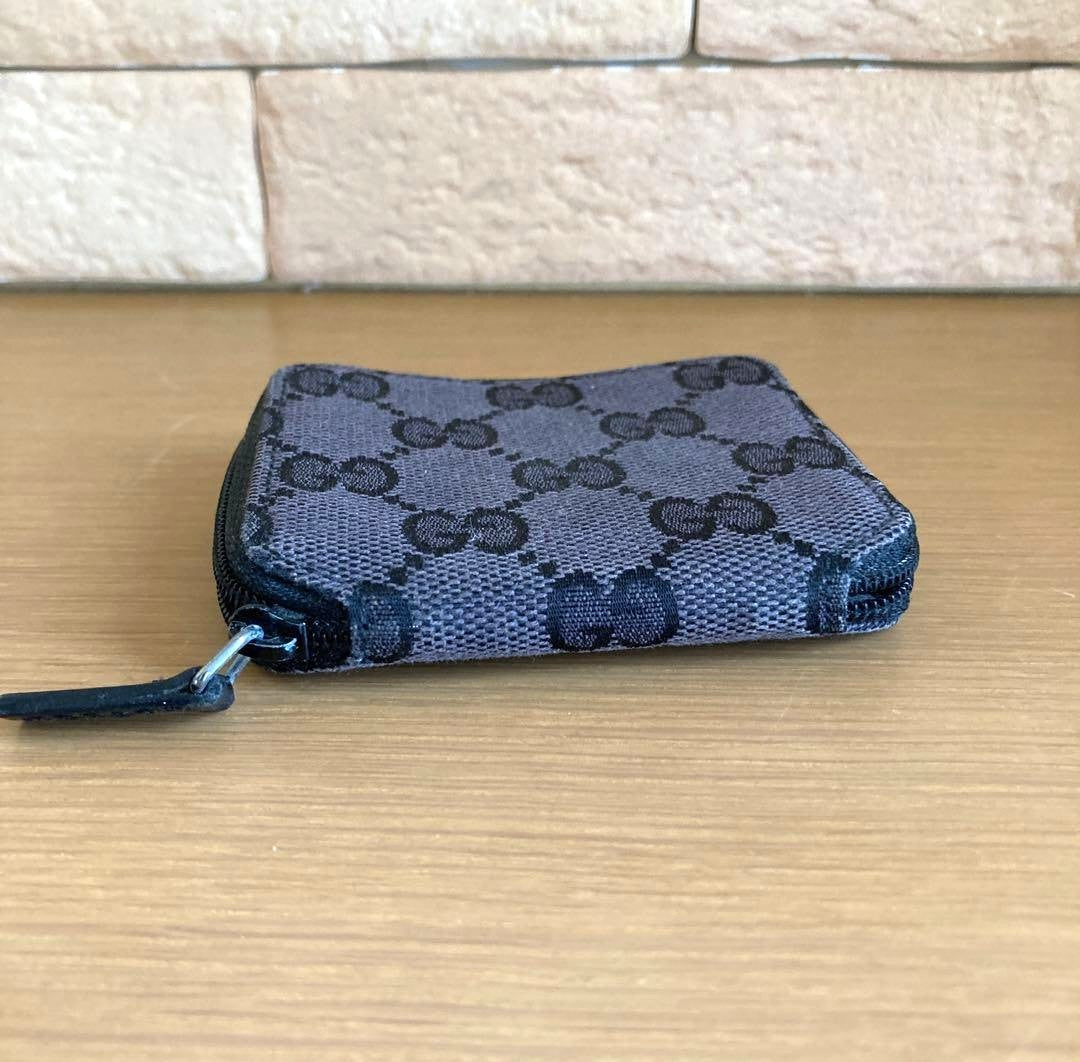 GUCCI GG Canvas Zip Around Coin Case Purse Wallet Black Compact Authentic Used