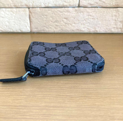 GUCCI GG Canvas Zip Around Coin Case Purse Wallet Black Compact Authentic Used