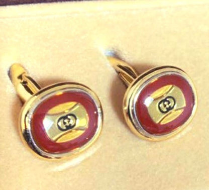 GUCCI Old Gucci Cufflinks Tie Clip Set Red Enamel Gold Tone Vintage Italy Used