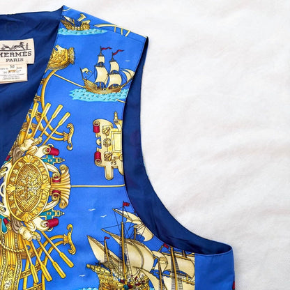 Hermes Auth Vtg Voiles et Galons Silk Scarf Print Vest Blue Size 50 Used