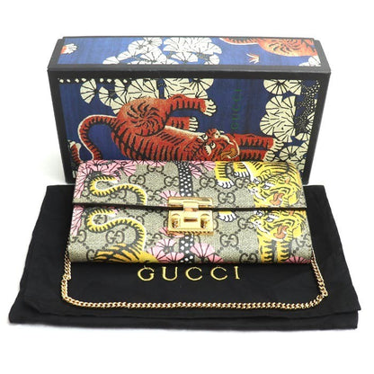 Gucci Auth 453506 GG Supreme Chain Wallet Bengal Tiger Cherry Blossom 19x10x3cm