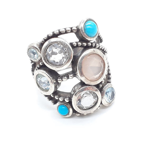 Stephen Dweck Sterling Silver Rose Quartz Turquoise Ring Size US 6.5 Used Women