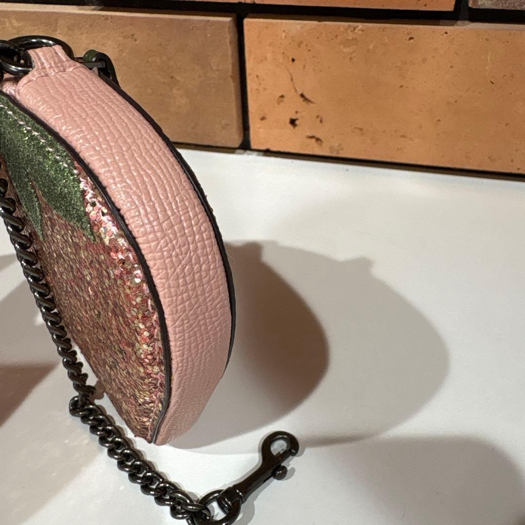 COACH Strawberry Coin Purse Case Pink Glitter Leather Bag Charm Chain Keyring