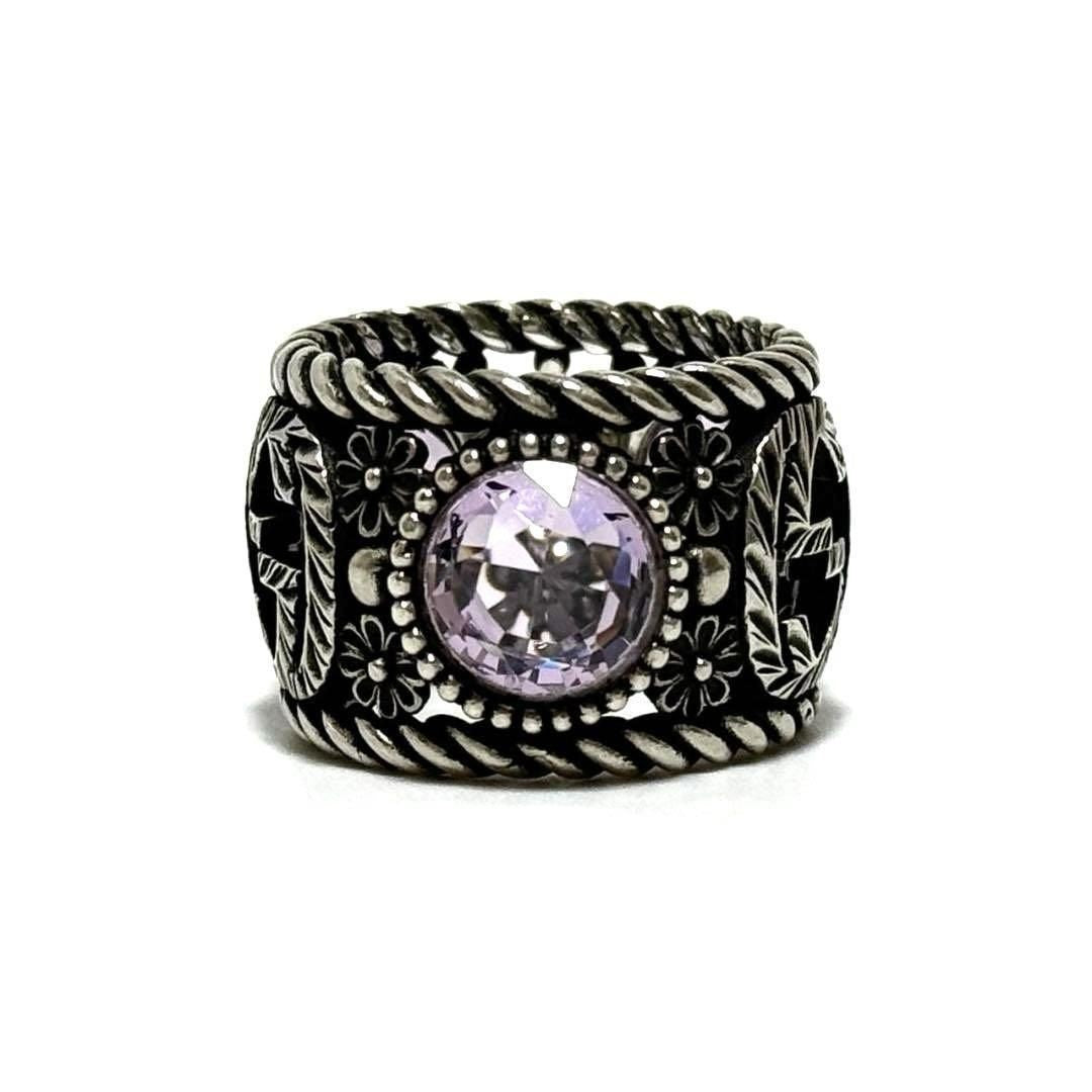 GUCCI Silver 925 Interlocking G Flower Light Purple Crystal Stone Ring US 6.25