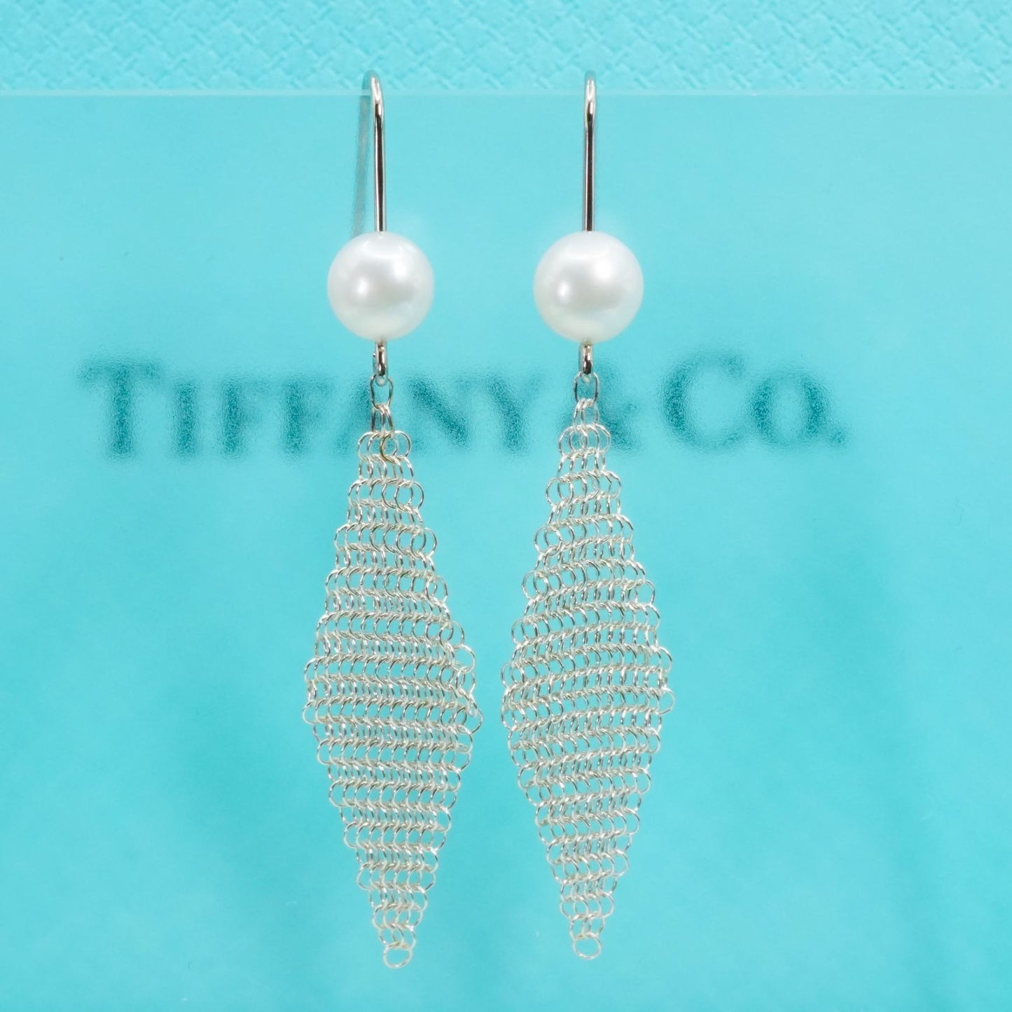 Tiffany Co Pearl Mesh Hook Earrings Sterling Silver Designer Womens Jewelry Auth