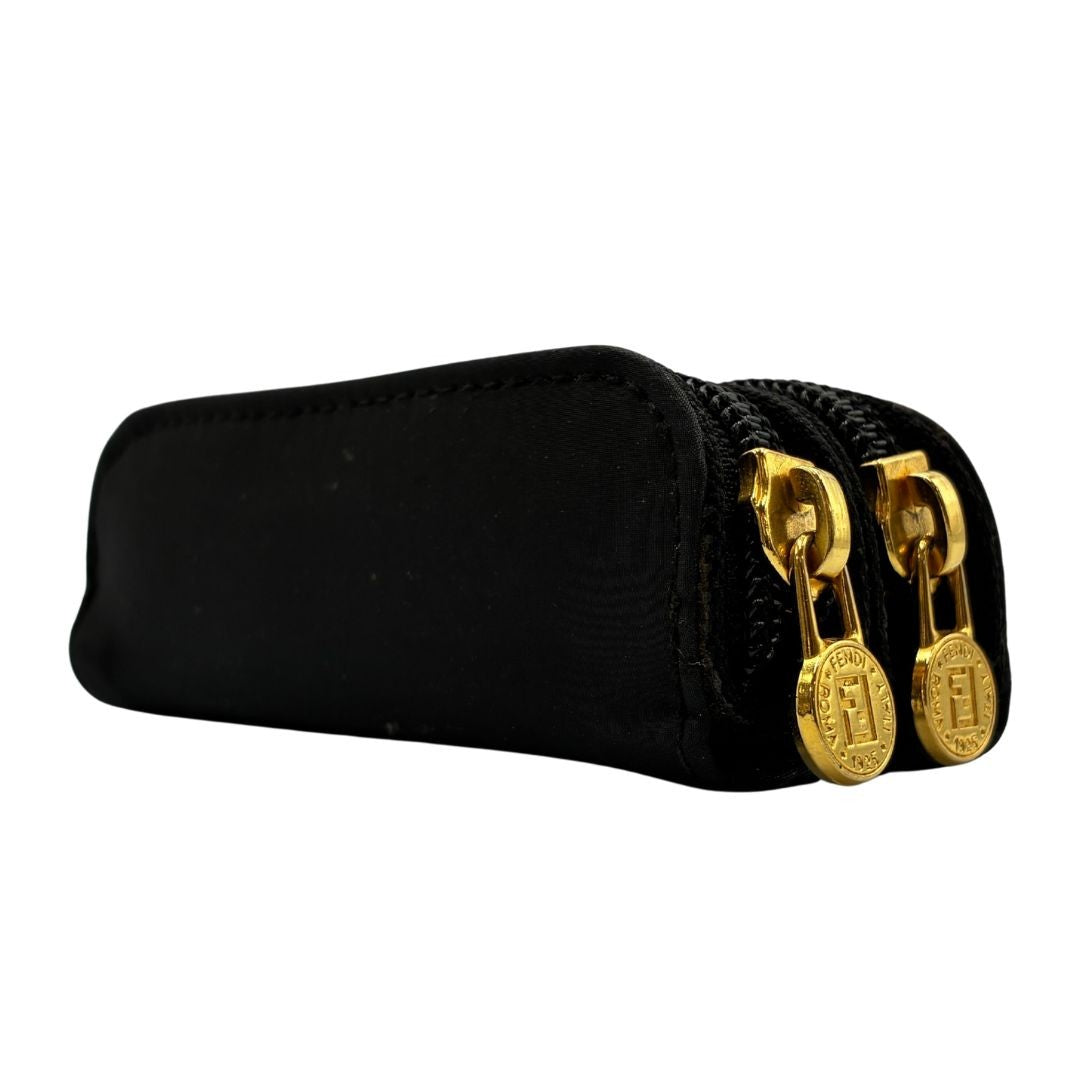 FENDI Pecan Double Zipper Lip Case Pouch Black Nylon Gold FF Logo Zip Pull