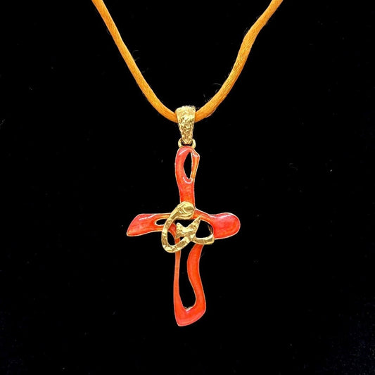 VINTAGE Christian Lacroix Coral Enamel Cross Pendant Necklace Gold Satin Cord Fr
