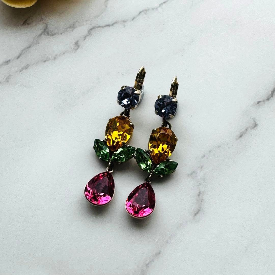 Philippe Ferrandis Multicolor Crystal Drop Earrings Gold Tone France 4.1in Used