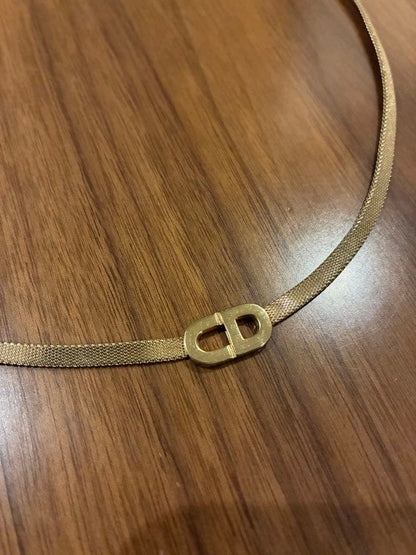 Christian Dior Gold Plated CD Logo Choker Necklace Mesh Chain L 15.3in