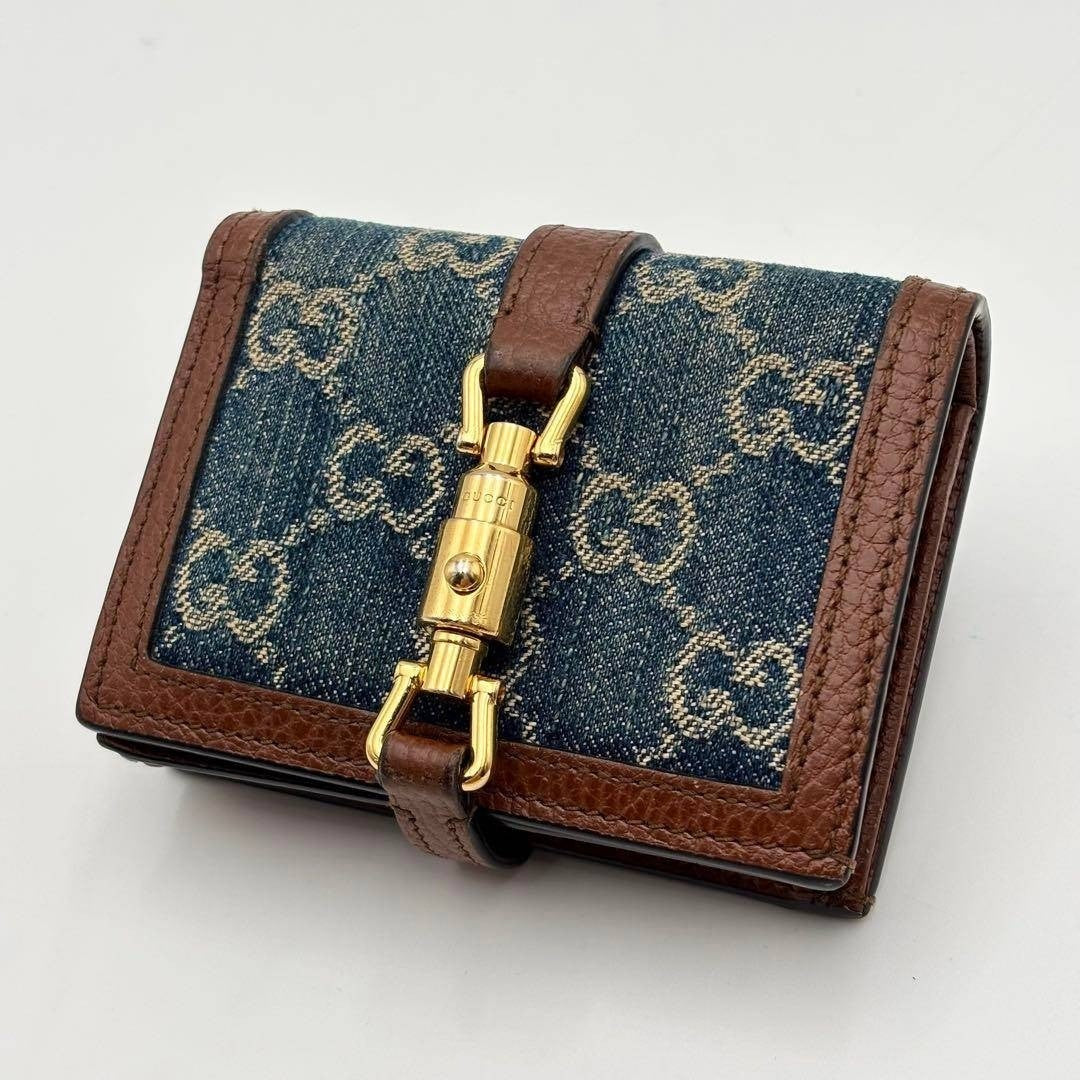 Gucci Authentic Jackie 1961 GG Print Indigo Denim Leather Compact Wallet 8x11 cm