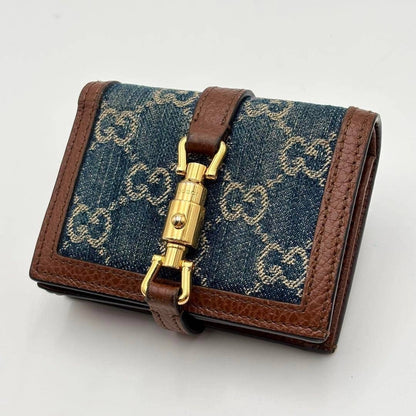 Gucci Authentic Jackie 1961 GG Print Indigo Denim Leather Compact Wallet 8x11 cm