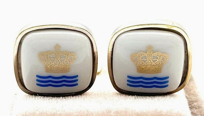 Georg Jensen x Royal Copenhagen Cufflinks White Porcelain Gold Crown Denmark