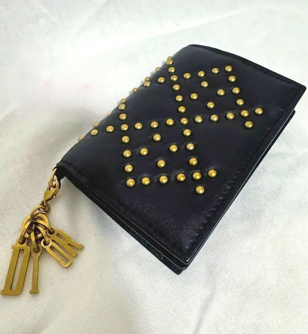Rare Christian Dior Cannage Studded Black Leather Card Case Holder Used Auth
