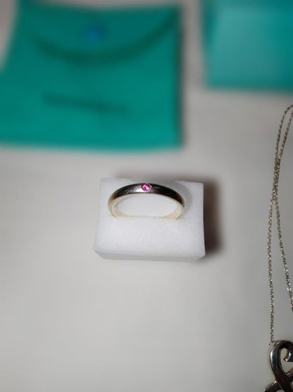 Tiffany & Co Silver Pink Sapphire Stacking Ring Loving Heart Necklace Set Of 2