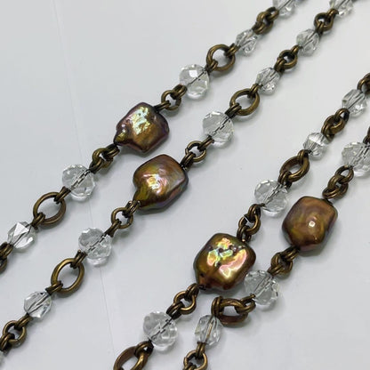 Vintage Stephen Dweck Bronze Pearl Crystal Long Toggle Necklace Used Japan