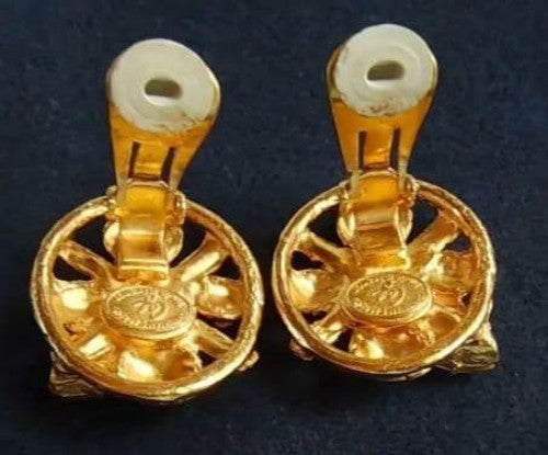 Christian Lacroix Vintage Clip On Earrings Used 3x2.5cm Gold Tone Rhinestone