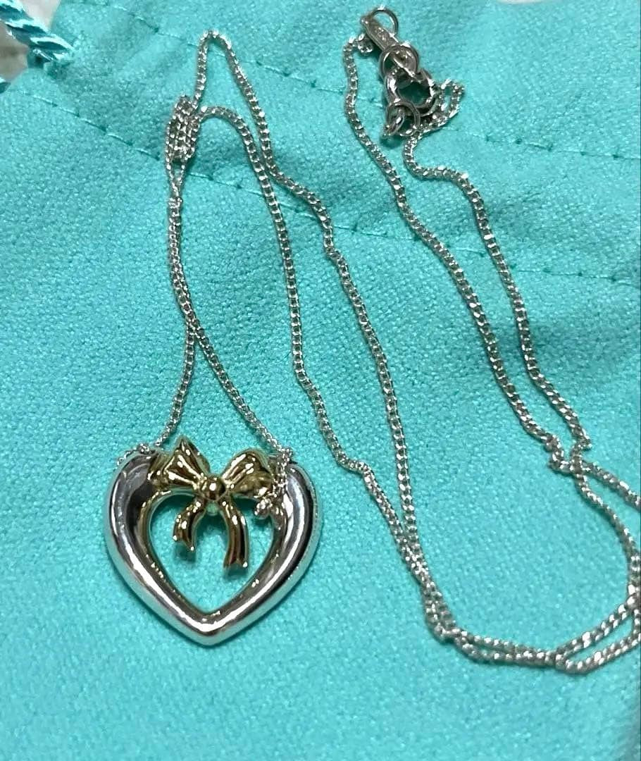 Tiffany&Co. Authentic Open Heart Ribbon Necklace 925 Silver 18K Gold 43 cm 16.9"